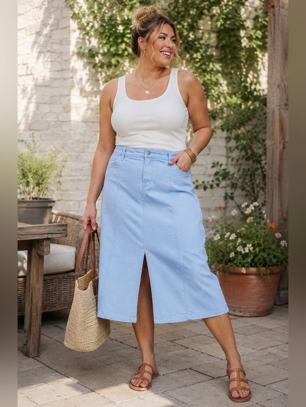Soya Concept Plus Size 1x: Light Blue Midi Skirt with Front Slit — Classic Midi